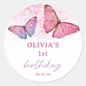 Butterfly Theme 1st Birthday Party Favor Ronde Sticker (Voorkant)