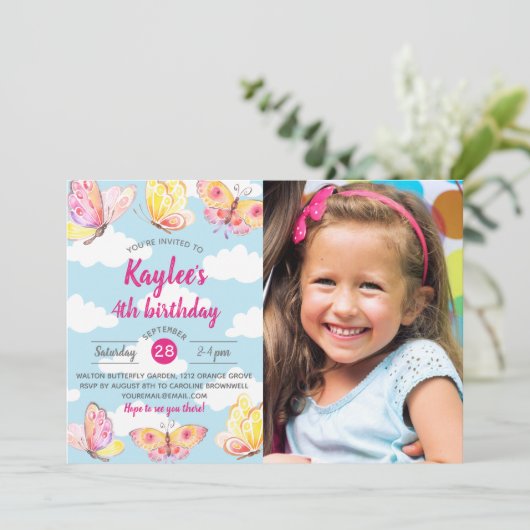 Butterfly Theme Birthday Party Foto Kaart (Staand voorkant)