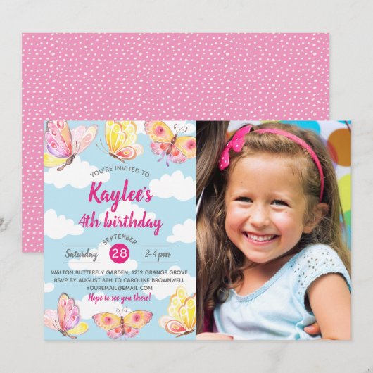 Butterfly Theme Birthday Party Foto Kaart (Voorkant / Achterkant)