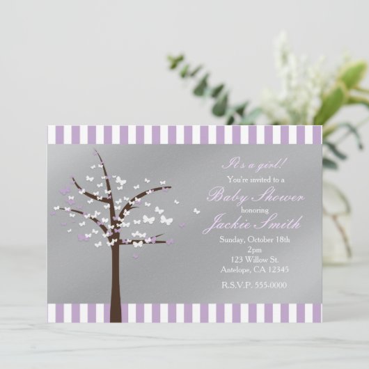 Butterfly Tree Lavendel & Grijs Douche Uitnodiging (Staand voorkant)