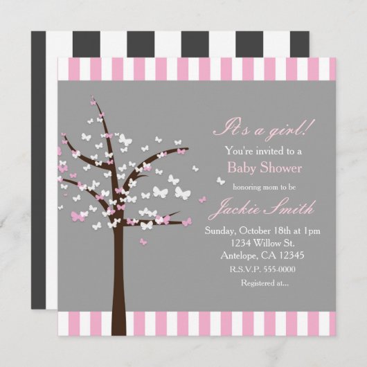 Butterfly Tree Modern Grey Baby shower Uitnodiging (Voorkant / Achterkant)