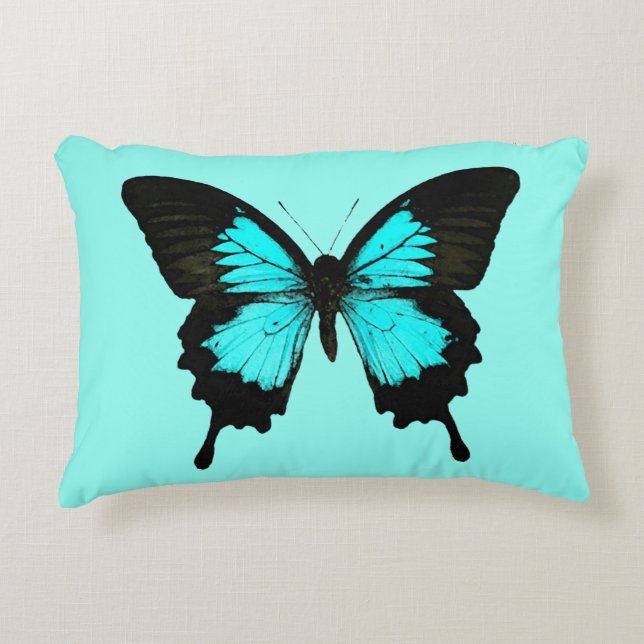 Butterfly - turquoise blauw en zwart decoratief kussen (Voorkant)
