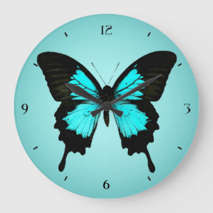 Butterfly - turquoise blauw en zwart grote klok