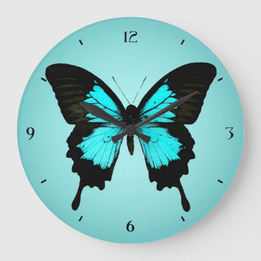 Butterfly - turquoise blauw en zwart grote klok (Voorkant)