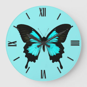 Butterfly - turquoise blauw en zwart grote klok