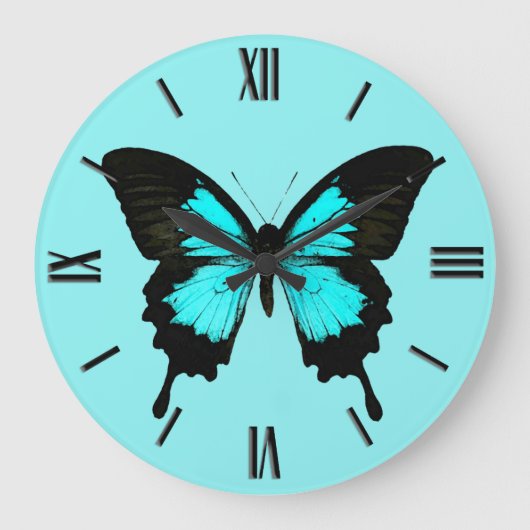 Butterfly - turquoise blauw en zwart grote klok (Voorkant)