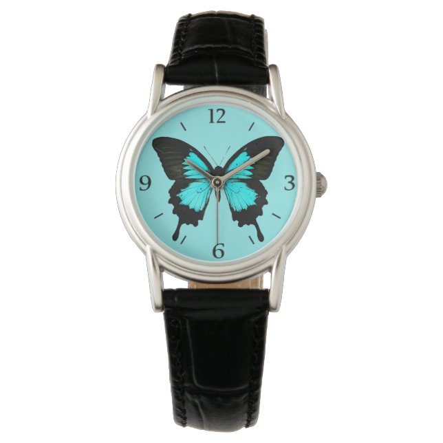 Butterfly - turquoise blauw en zwart horloge (Voorkant)
