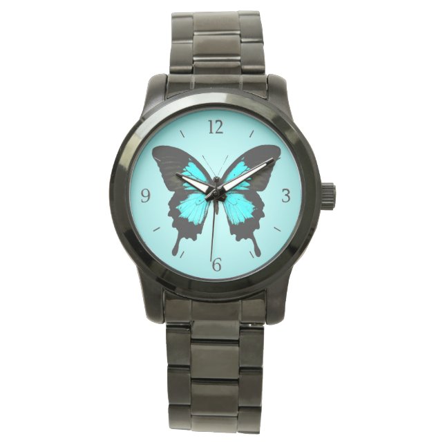 Butterfly - turquoise blauw en zwart horloge (Voorkant)