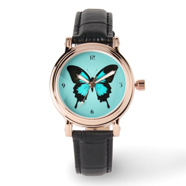Butterfly - turquoise blauw en zwart horloge (Voorkant)