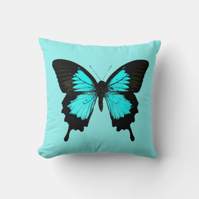 Butterfly - turquoise blauw en zwart kussen (Voorkant)