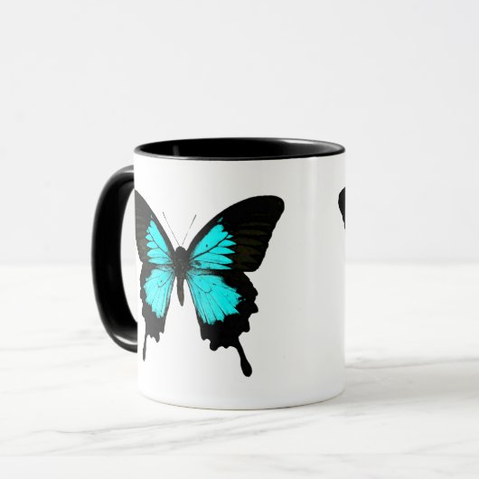 Butterfly - turquoise blauw en zwart mok (Voorkant links)