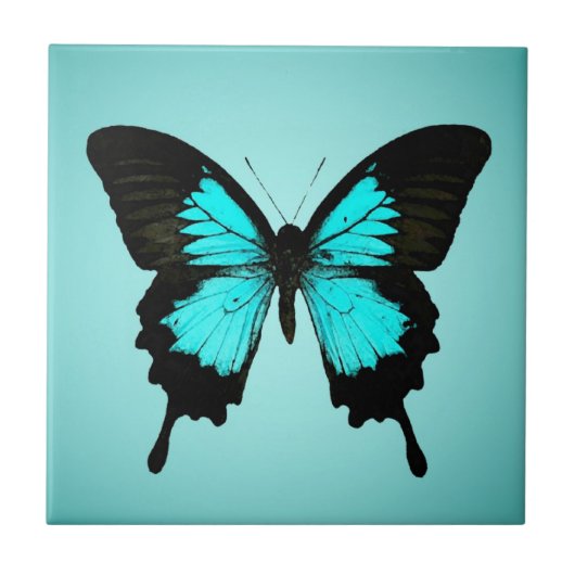 Butterfly - turquoise blauw en zwart tegeltje (Voorkant)