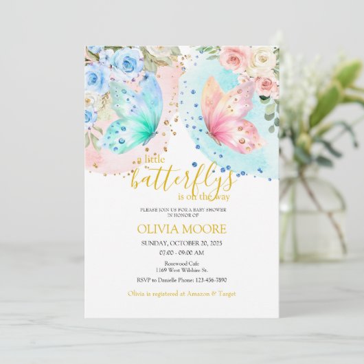 Butterfly twins baby shower uitnodiging (Staand voorkant)