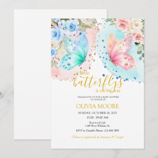 Butterfly twins baby shower uitnodiging (Voorkant / Achterkant)