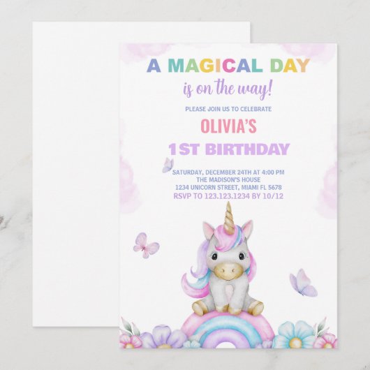 Butterfly Unicorns Verjaardagsuitnodigingen Kaart (Voorkant / Achterkant)