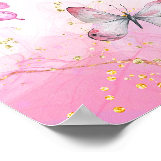 Butterfly Verjaardag Roze & Gouden Stofje Welkom Poster (Hoek)