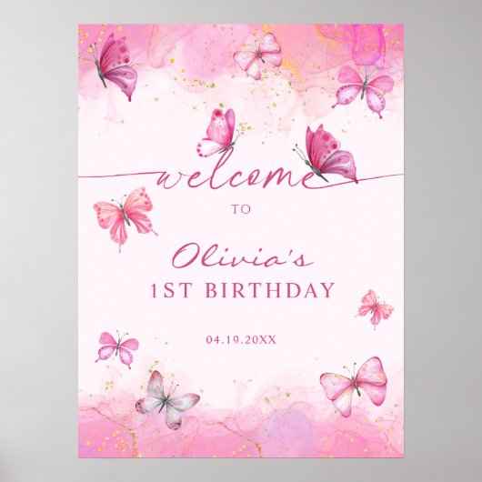 Butterfly Verjaardag Roze & Gouden Stofje Welkom Poster (Voorkant)
