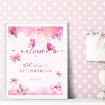 Butterfly Verjaardag Roze & Gouden Stofje Welkom Poster<br><div class="desc">Leuke roze vlinder thema baby meisje verjaardagsfeestje welkom poster.</div>