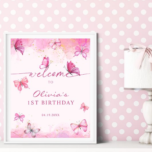 Butterfly Verjaardag Roze & Gouden Stofje Welkom Poster