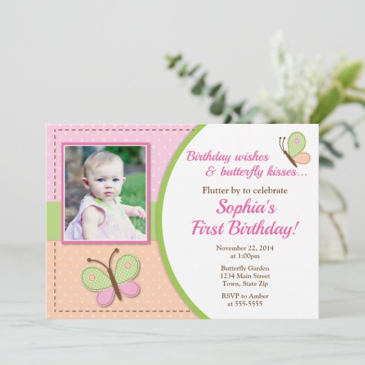 Butterfly Verjaardag Uitnodiging 1e Verjaardag (Staand voorkant)