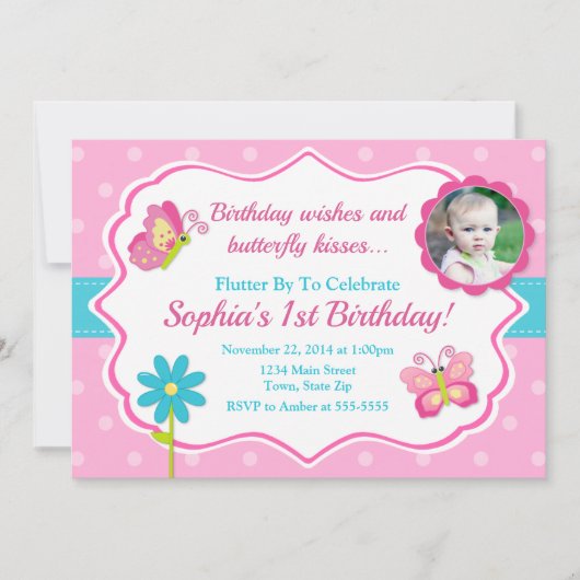 Butterfly Verjaardag Uitnodiging 1e Verjaardag (Voorkant)