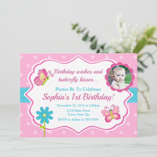 Butterfly Verjaardag Uitnodiging 1e Verjaardag (Staand voorkant)