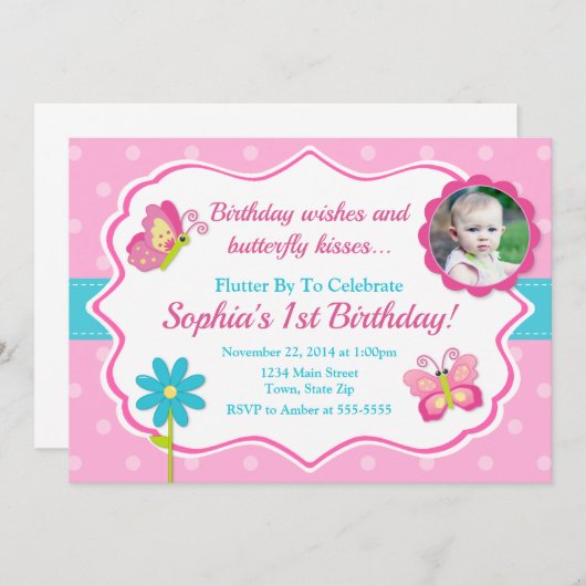 Butterfly Verjaardag Uitnodiging 1e Verjaardag (Voorkant / Achterkant)
