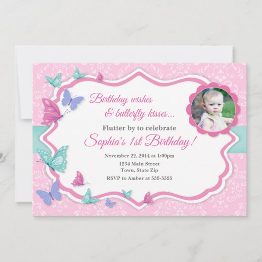 Butterfly Verjaardag Uitnodiging 1e Verjaardag (Voorkant)