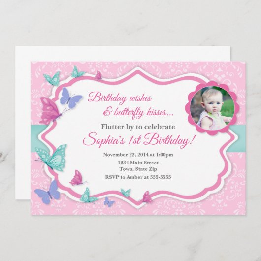 Butterfly Verjaardag Uitnodiging 1e Verjaardag (Voorkant / Achterkant)