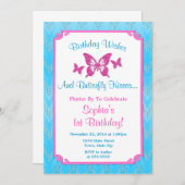 Butterfly Verjaardag Uitnodiging Roze 1e Verjaarda (Voorkant / Achterkant)