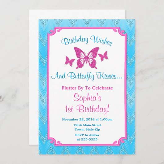Butterfly Verjaardag Uitnodiging Roze 1e Verjaarda (Voorkant / Achterkant)