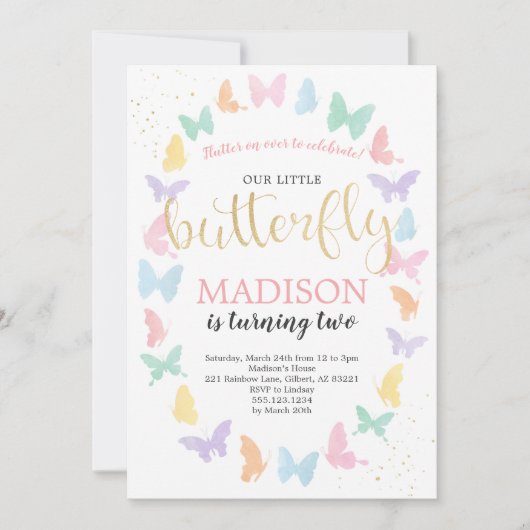 Butterfly Verjaardagsfeest Uitnodiging Regenboog K (Voorkant)
