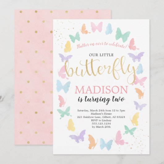 Butterfly Verjaardagsfeest Uitnodiging Regenboog K (Voorkant / Achterkant)