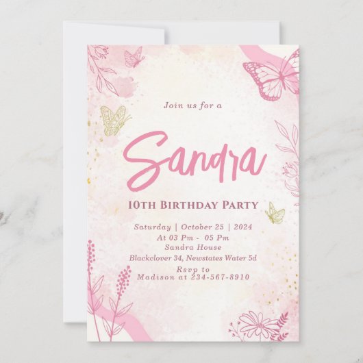 Butterfly verjaardagsfeestje bewerkbare uitnodigin kaart (Voorkant)