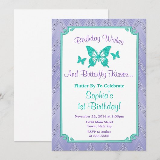 Butterfly Verjaardagsuitnodiging Paarse Blauwgroen Kaart (Voorkant / Achterkant)