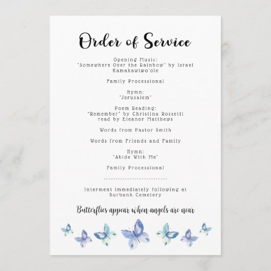 Butterfly Viering Life of Funeral Programme Programmakaart (Achterkant)