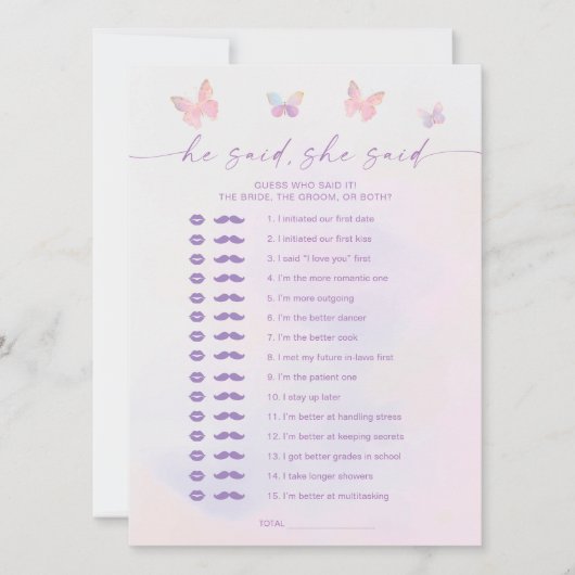 Butterfly Vrijgezellenfeest Hij zei dat ze game Ka Kaart (Voorkant)