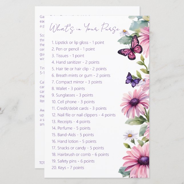 Butterfly vrijgezellenfeest wat er in je tas spel (Voorkant / Achterkant)