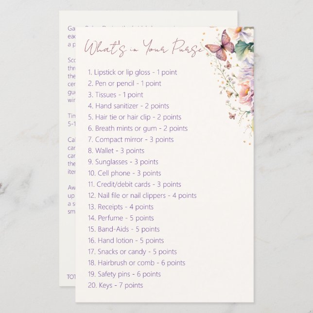 Butterfly vrijgezellenfeest wat er in je tas spel (Voorkant / Achterkant)