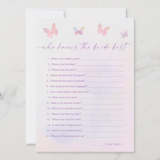Butterfly Vrijgezellenfeest Wie kent Bride Game Ka Kaart (Voorkant)