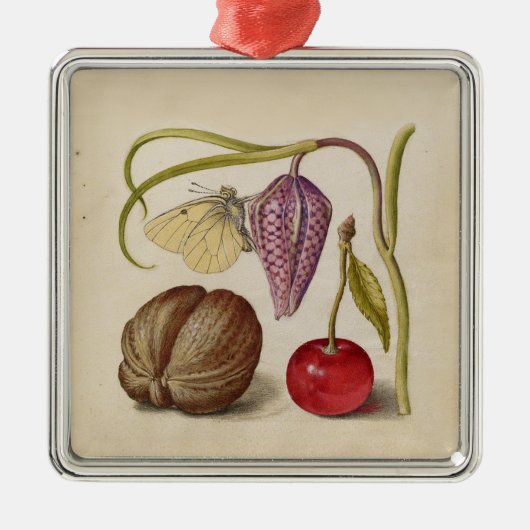 Butterfly Walnut Flower Cherry Waterverf Art Metalen Ornament (Voorkant)