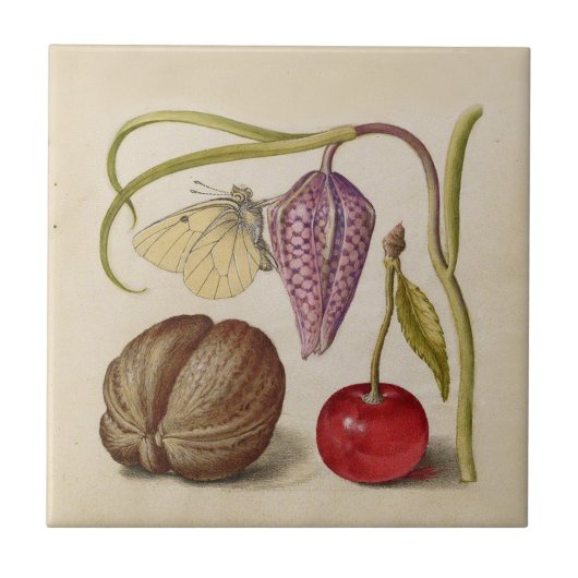Butterfly Walnut Flower Cherry Waterverf Art Tegeltje (Voorkant)