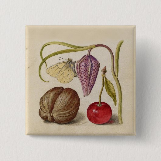 Butterfly Walnut Flower Cherry Waterverf Art Vierkante Button 5,1 Cm (Voorkant)