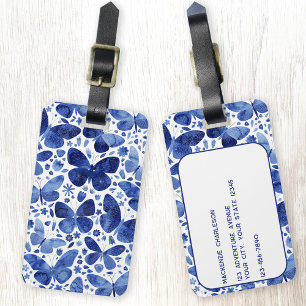 Butterfly Waterverf Blauw en Wit Gepersonaliseerd Bagagelabel