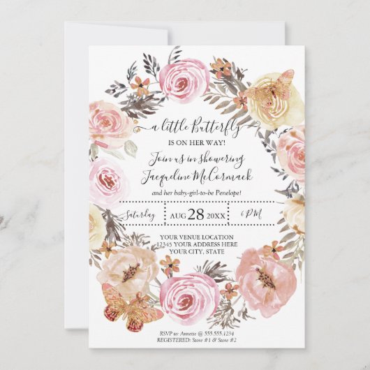 Butterfly Waterverf met roze Floral Baby Girl Kaart (Voorkant)