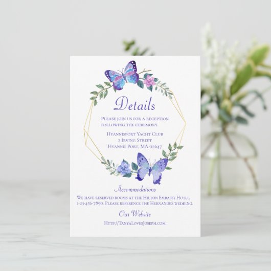 Butterfly Wedding Details Vlinders Blauw Bloemen Kaart (Staand voorkant)