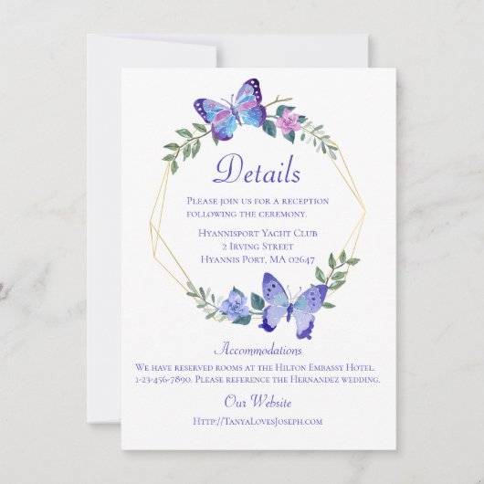 Butterfly Wedding Details Vlinders Blauw Bloemen Kaart (Voorkant)