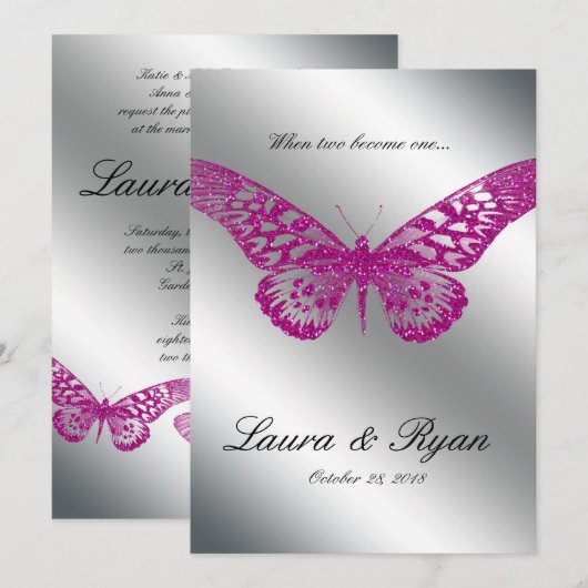 Butterfly Wedding Invite Glitter Pink Silver Kaart (Voorkant / Achterkant)