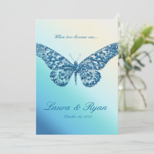Butterfly Wedding Invite Sparkle Blue Kaart (Staand voorkant)