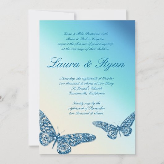 Butterfly Wedding Invite Sparkle Blue Kaart (Achterkant)